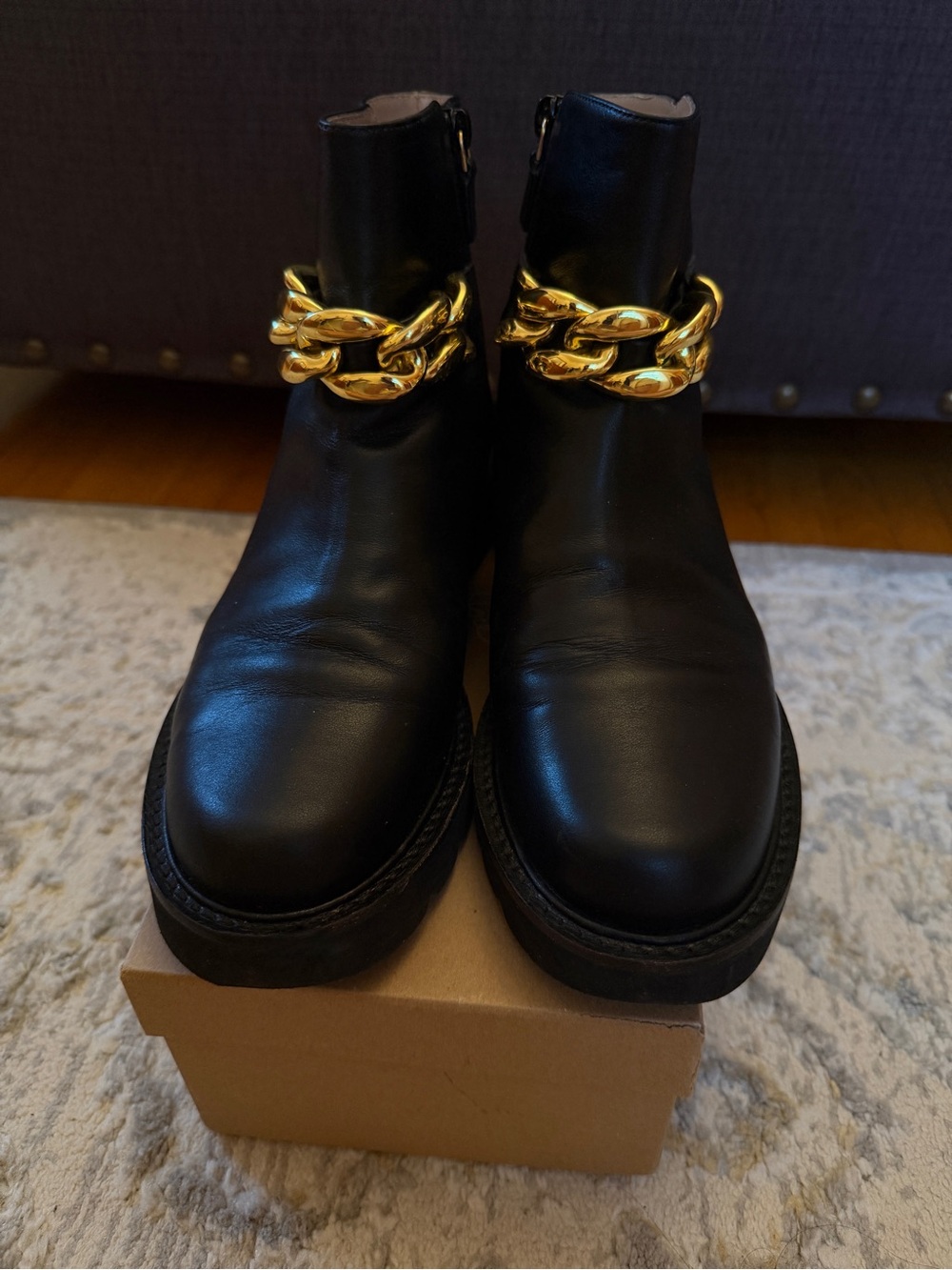 Stuart Weitzman Black Leather Ankle Boots with Chunky Gold Chain